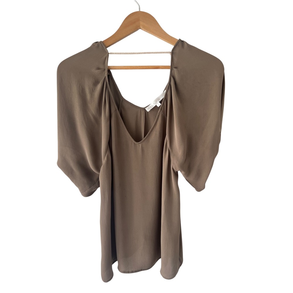 Ulla Johnson 100% Silk Puff Sleeve V-Neck Blouse Taupe Brown Designer Top 4